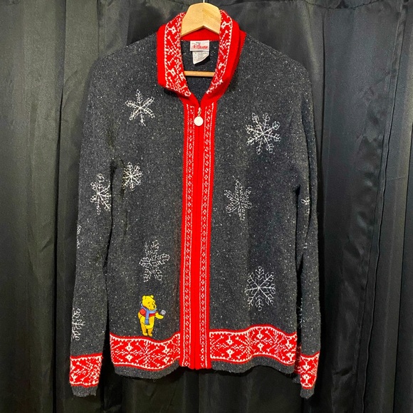 The Disney Store Women's L Winnie the Pooh Wool Zip Up Jacket Gray Red - Picture 1 of 5